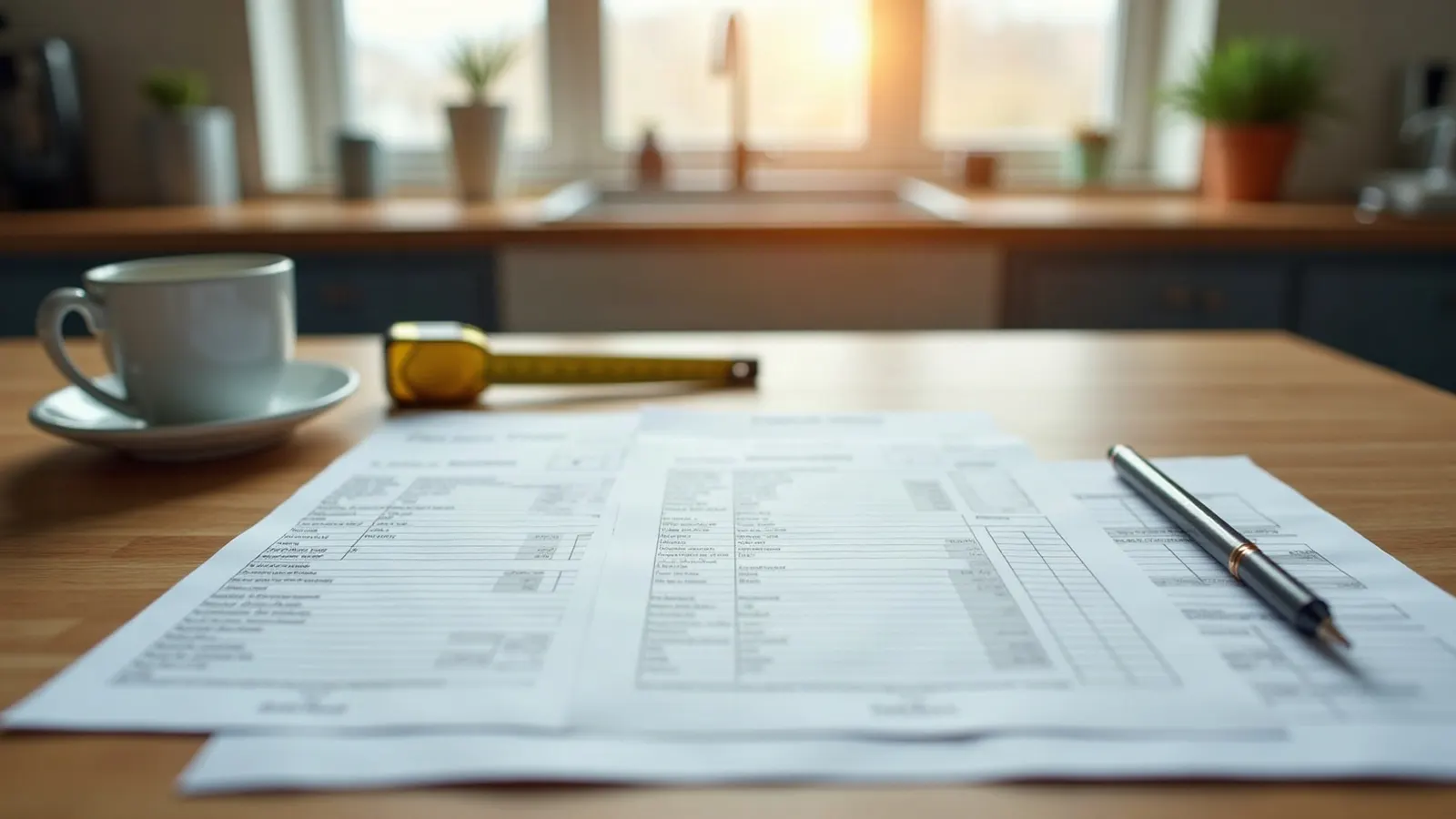 Three printed estimates, a tape measure and a pencil laid out on a kitchen table