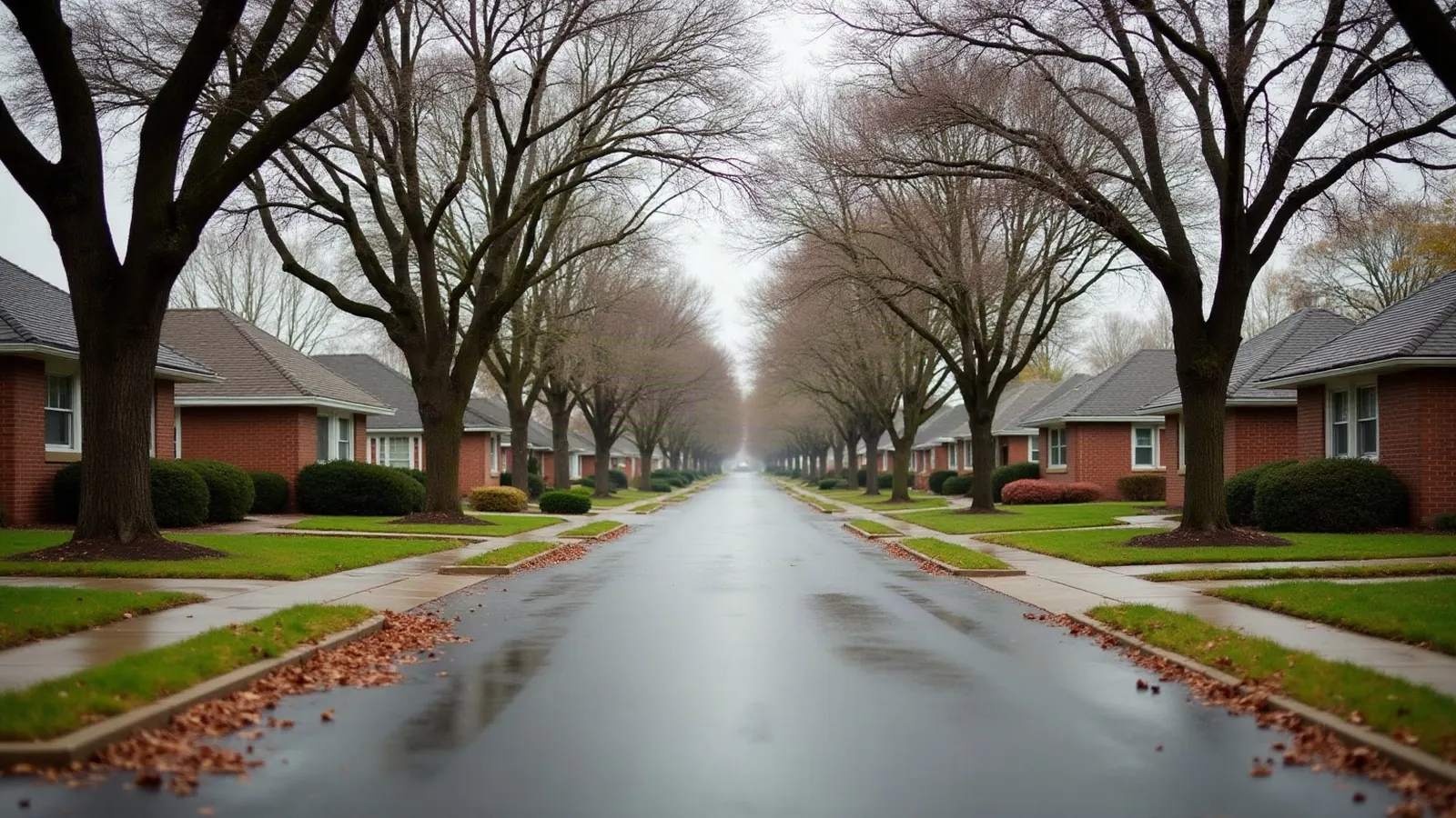 Quiet residential street of postwar brick ranch homes under mature trees in early autumn