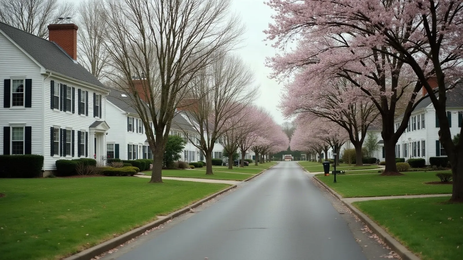 Suburban street of two-story colonial homes with flowering trees and green lawns
